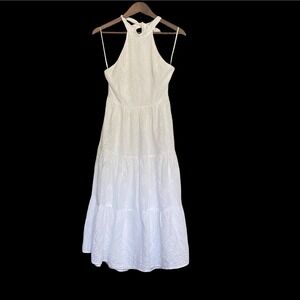 Lulus Womens White Eyelet Cotton Halter Tiered Midi Dress Smocked Back Medium